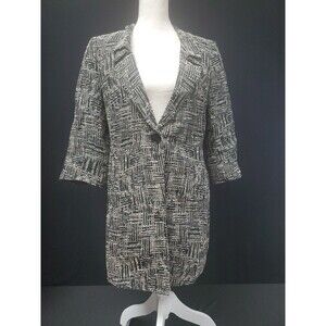 Lafayette 148 Black White Geometric Design Long 1 Button Blazer Coat Jacket Sz 8